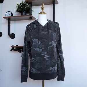 Ultra-Soft Athletic Works Camo Hoodie in Black/Charcoal. Model Off Duty